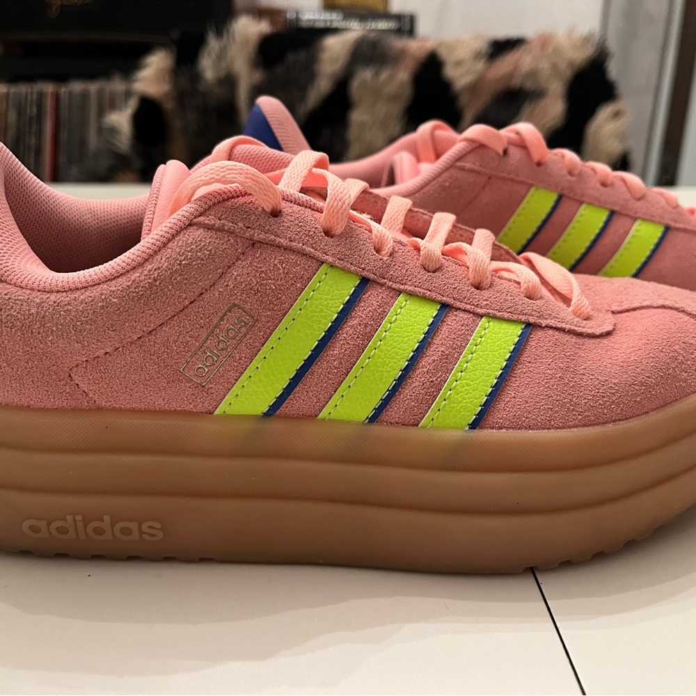 Adidas Women's Pink Sneakers with Neon Stripes